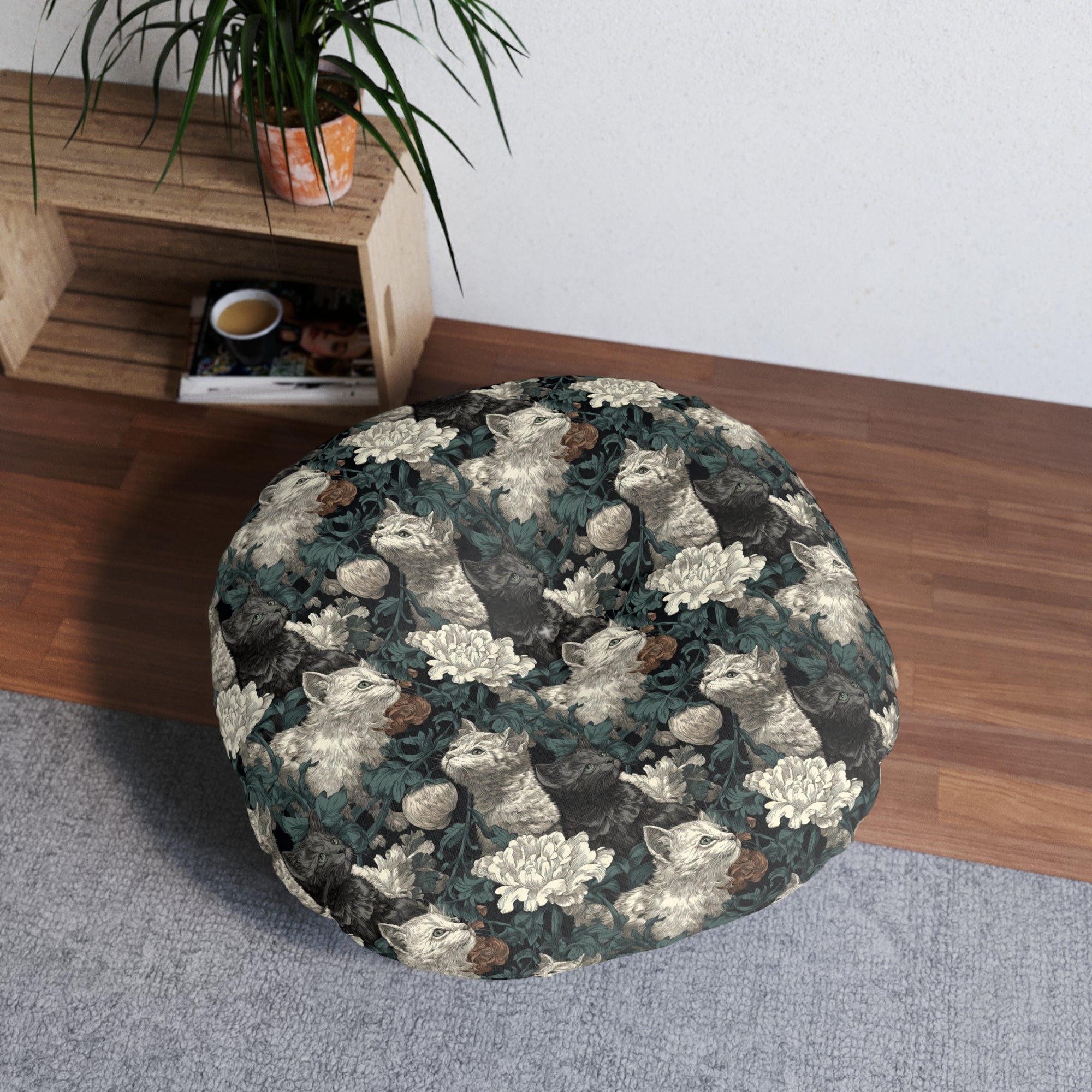 Indoor Round Floor Pillow - Grey and White Kittens with Creamy White Flowers and Dark Green Foliage, Elegant Vintage Vibe