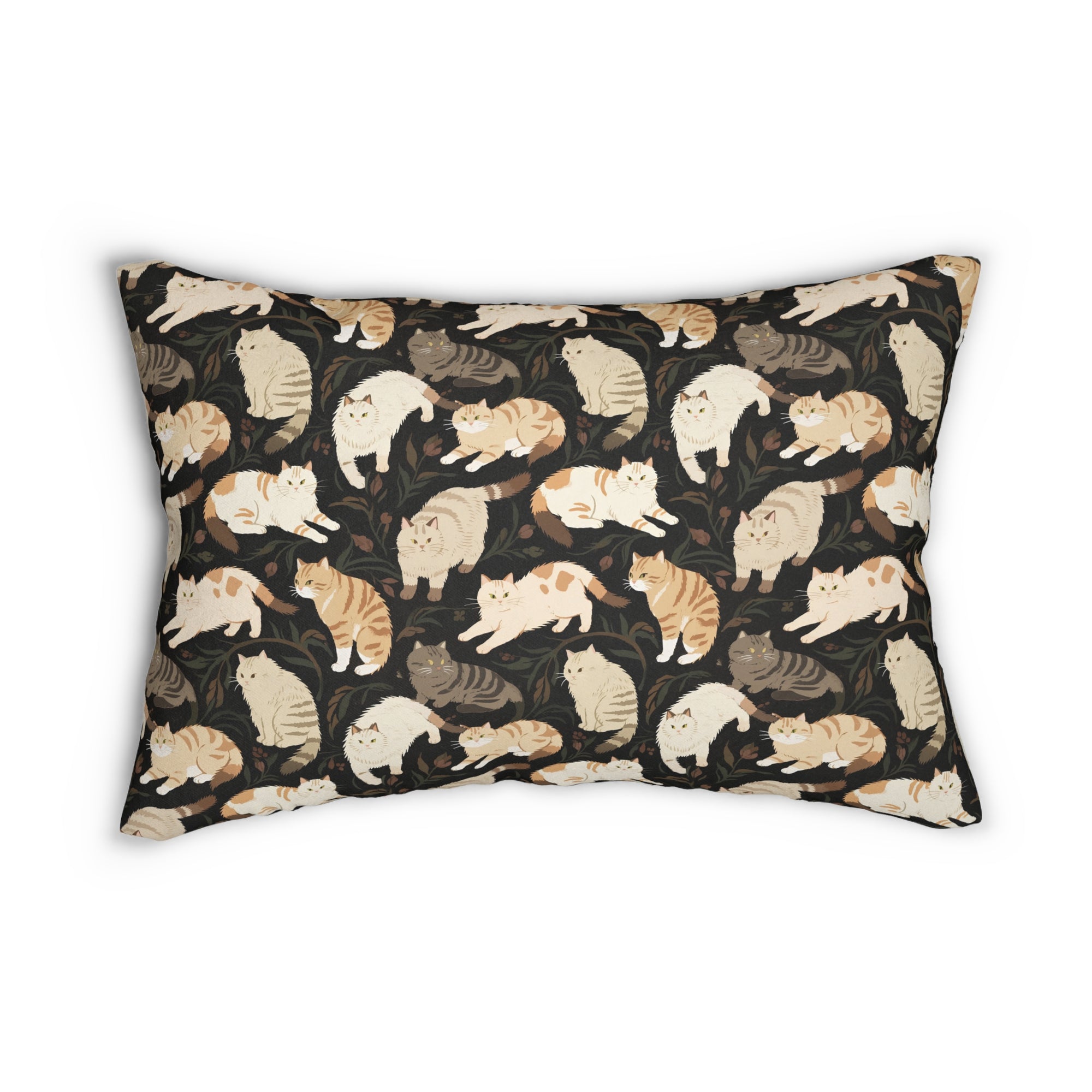 Indoor Lumbar Pillow - Earthy Toned Cats Lounge and Play Amidst Dark Foliage in a Serene and Naturally Inspired Seamless Pattern Design