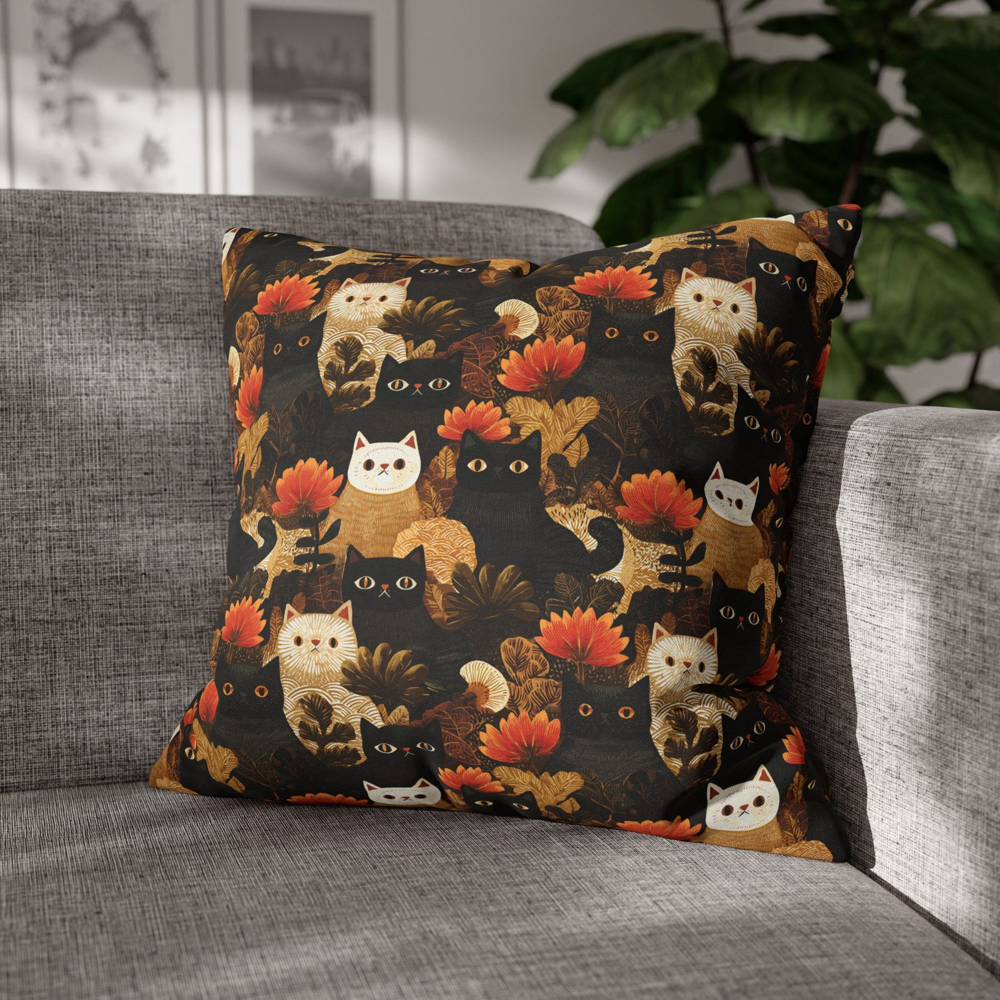 Square Pillowcase - A dark and fantastical illustrative painting of many different cats and plants, creating a dense, mysterious, and golden jungle or forest scene.