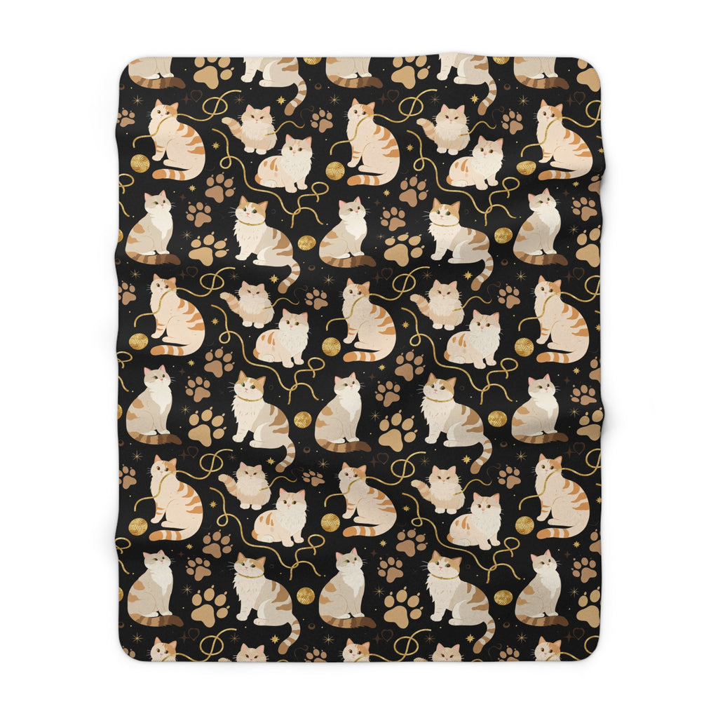 Sherpa Blanket - Elegant felines and sparkling gold yarn on black, adorable cats with golden paw prints, sophisticated pet motif, charming animal pattern, cozy and warm artistic illustration