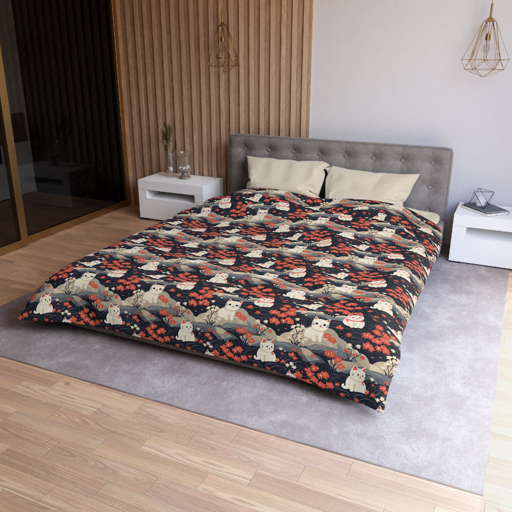 Duvet Cover - A charming, minimalist, Japanese-style illustration of cute white cats sitting amongst vibrant red and white flowers on a dark background.