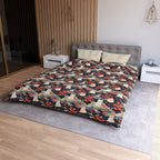 Duvet Cover - A charming, minimalist, Japanese-style illustration of cute white cats sitting amongst vibrant red and white flowers on a dark background.