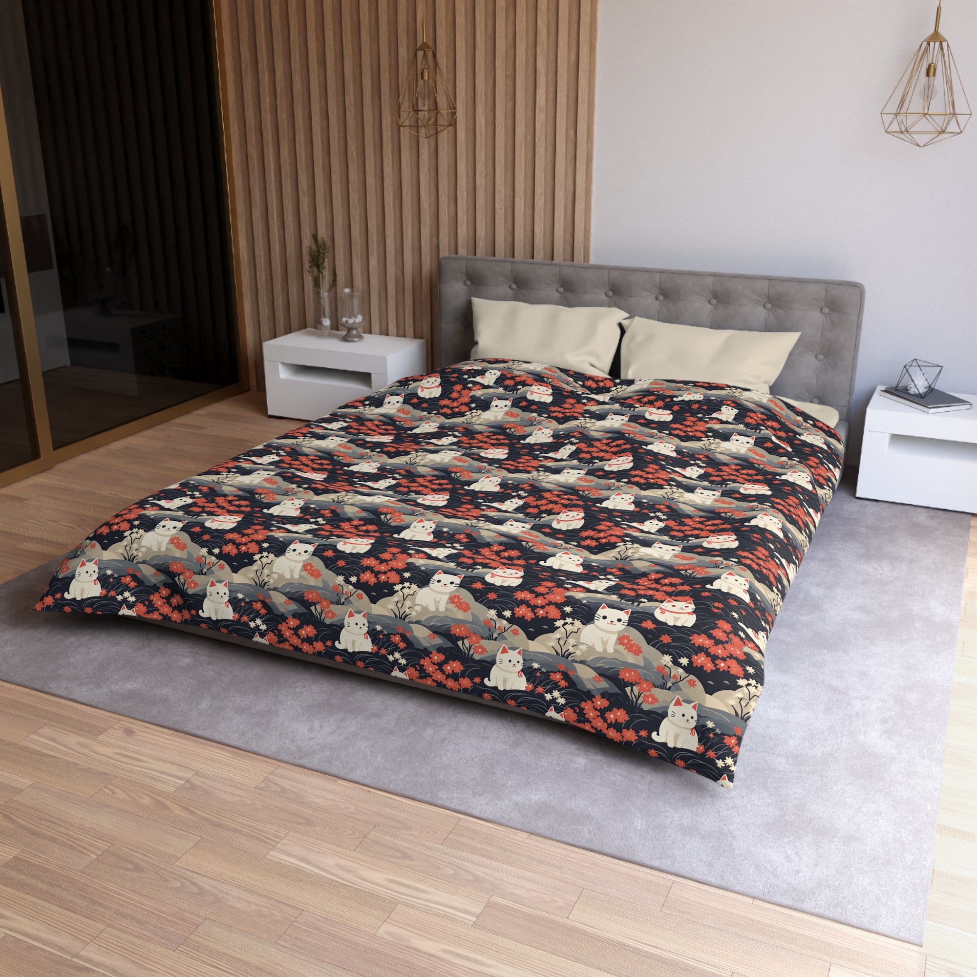 Duvet Cover - A charming, minimalist, Japanese-style illustration of cute white cats sitting amongst vibrant red and white flowers on a dark background.