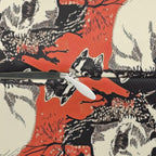 Indoor Lumbar Pillow - A striking black-and-white illustration with red accents of charming cats perched on the branches of trees in a beautiful Japanese woodblock print style.