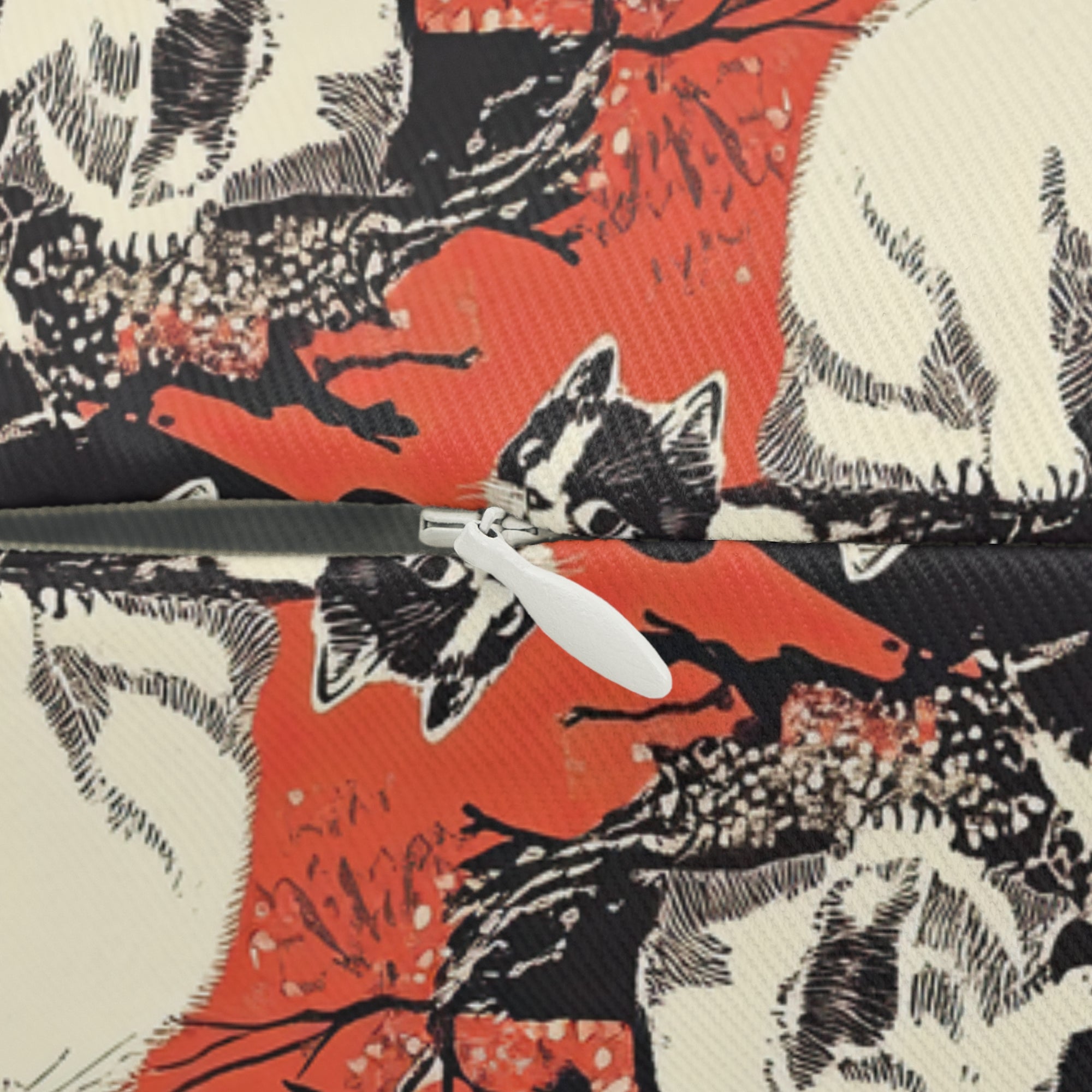 Indoor Lumbar Pillow - A striking black-and-white illustration with red accents of charming cats perched on the branches of trees in a beautiful Japanese woodblock print style.