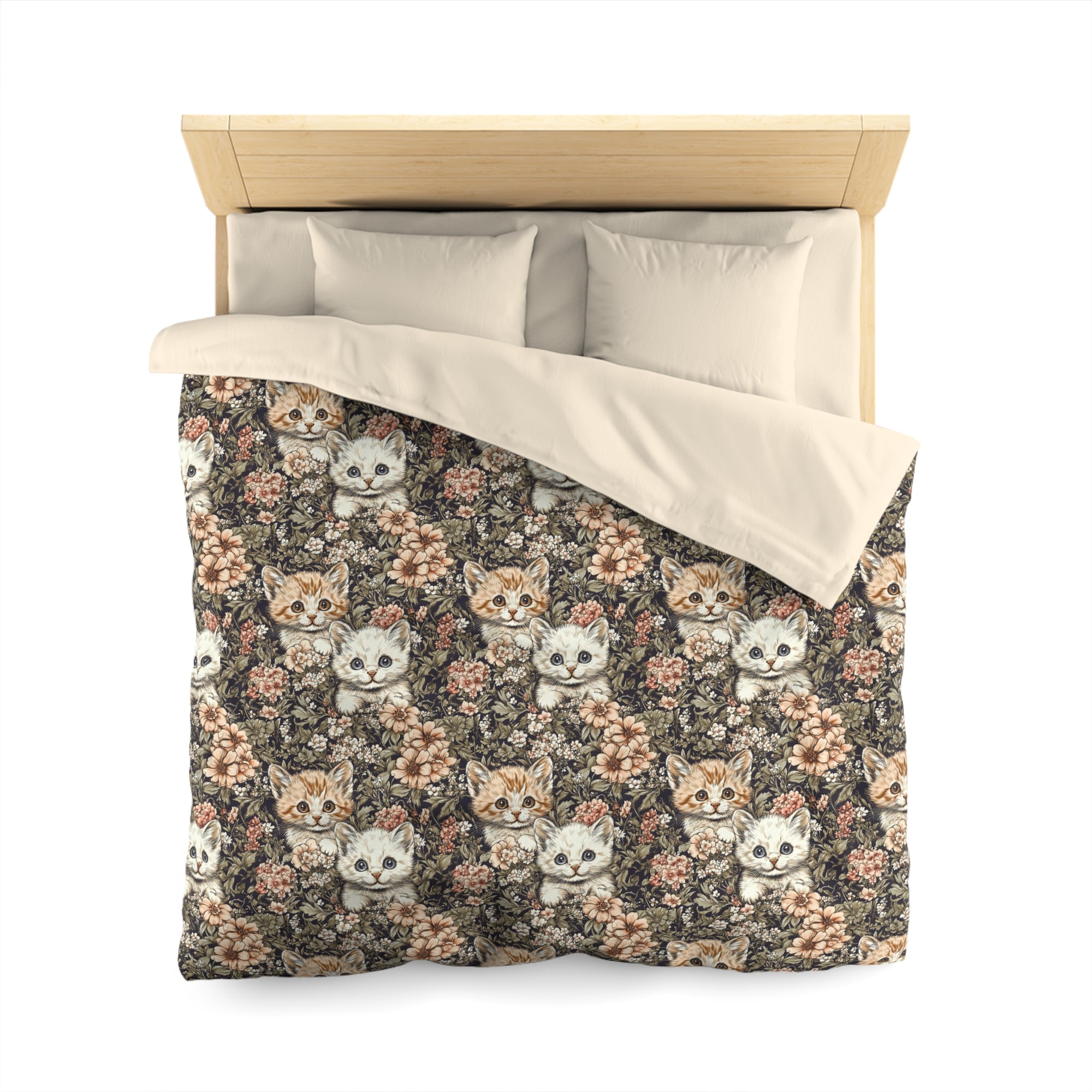 Duvet Cover - Peach and White Kittens in Dark Floral Garden, Vintage Style, Sweet and Charming Scene