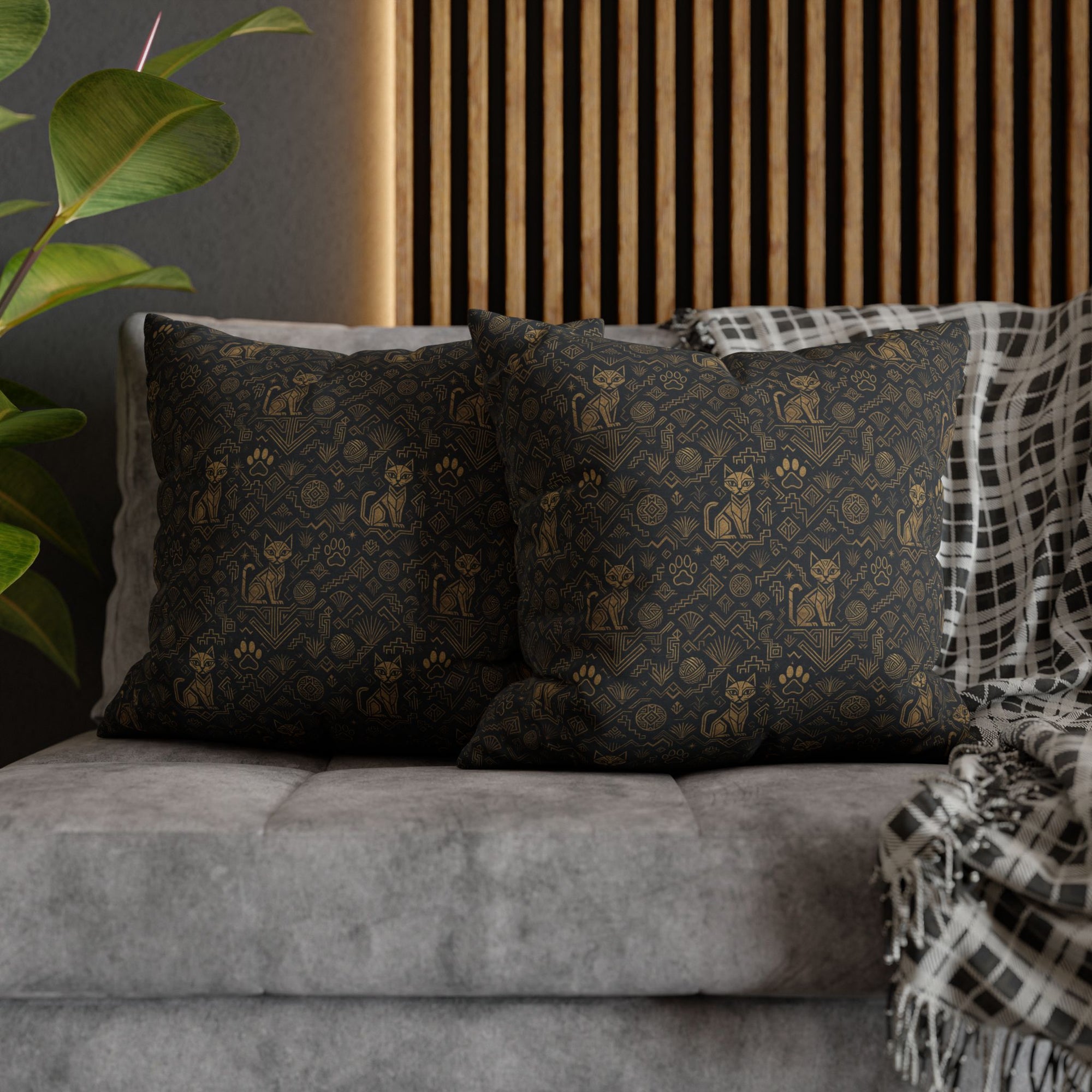 Square Pillowcase - Art Deco Inspired Golden Cat Silhouettes and Geometric Patterns Create a Sophisticated and Stylized Modern Design