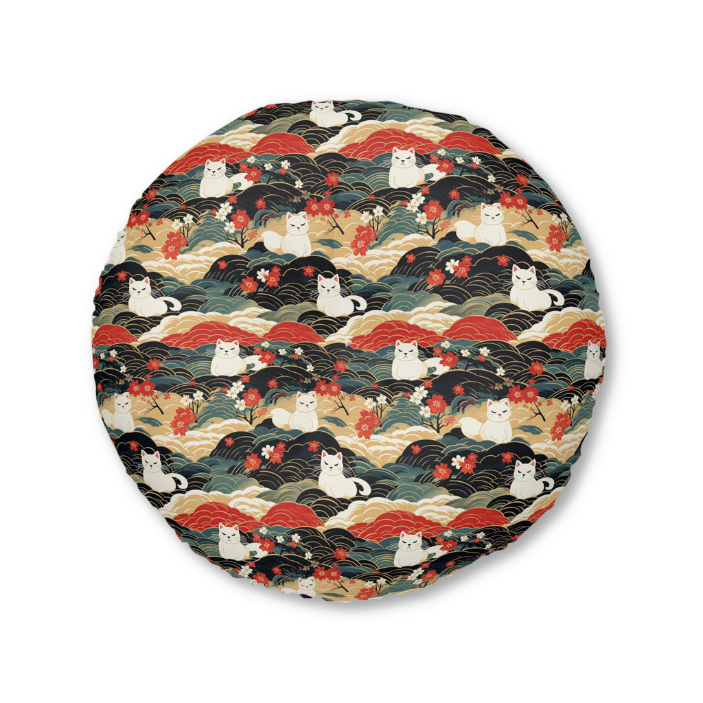 Indoor Round Floor Pillow - A beautiful, Japanese-inspired illustration of tranquil white cats resting on rolling clouds with vibrant red and white cherry blossoms.