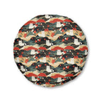 Indoor Round Floor Pillow - A beautiful, Japanese-inspired illustration of tranquil white cats resting on rolling clouds with vibrant red and white cherry blossoms.