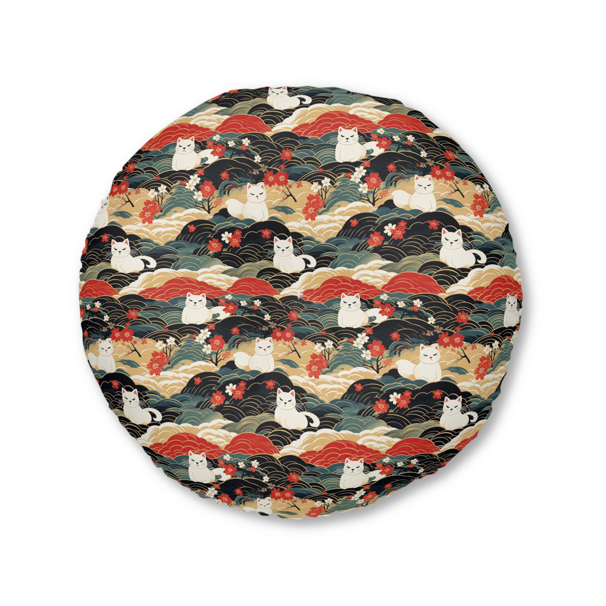 Indoor Round Floor Pillow - A beautiful, Japanese-inspired illustration of tranquil white cats resting on rolling clouds with vibrant red and white cherry blossoms.