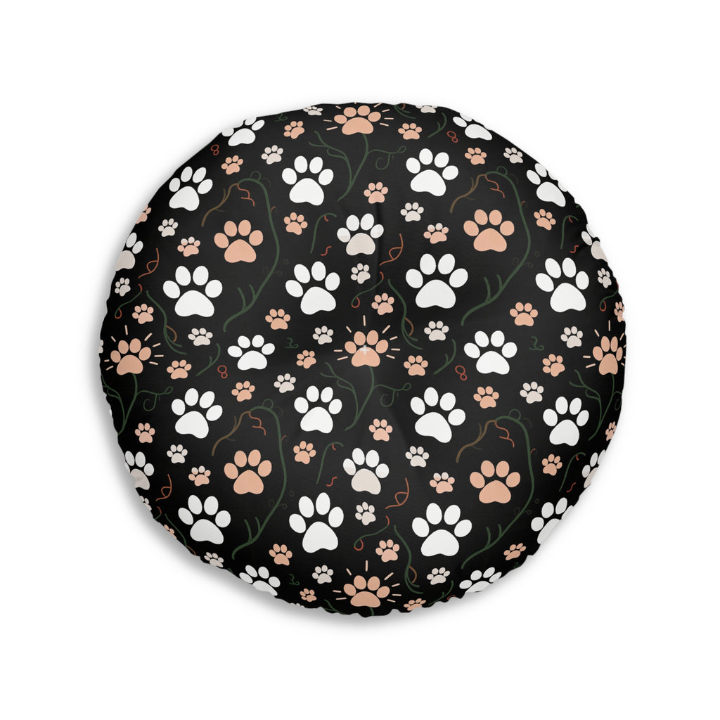 Indoor Round Floor Pillow - Whimsical cat and kitten garden party, various cat breeds amidst green foliage and pink flowers, charming animal illustration, dark forest green background, playful and natural art