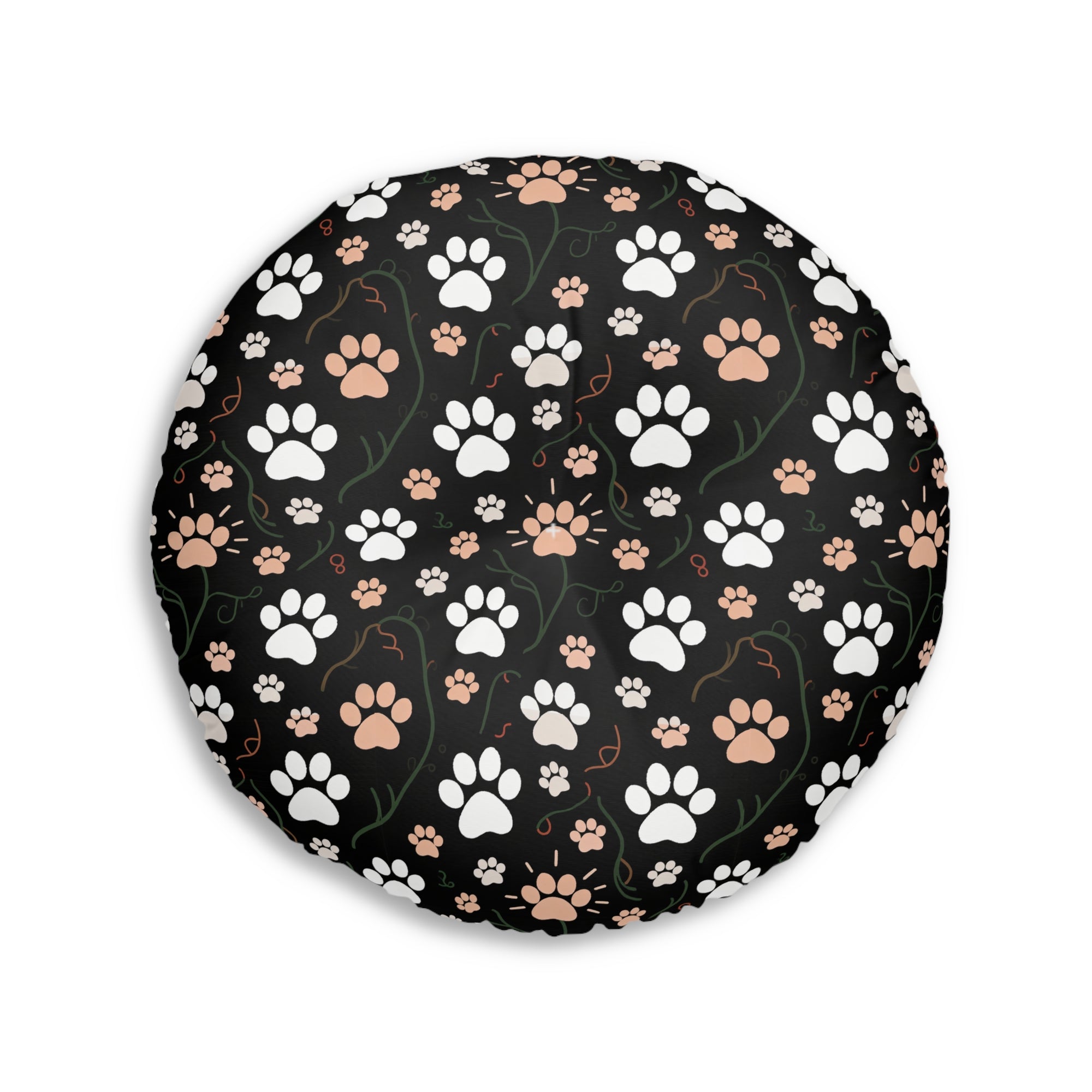 Indoor Round Floor Pillow - Whimsical cat and kitten garden party, various cat breeds amidst green foliage and pink flowers, charming animal illustration, dark forest green background, playful and natural art