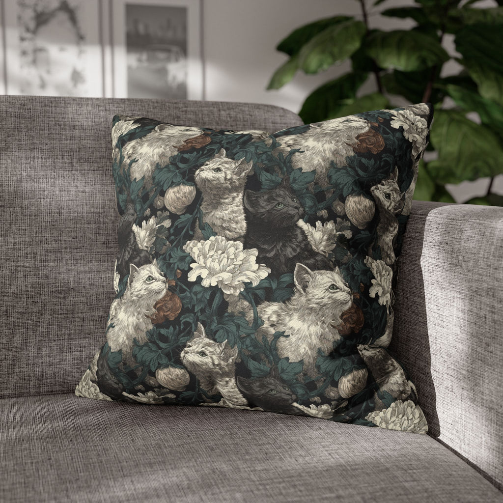 Square Pillowcase - Grey and White Kittens with Creamy White Flowers and Dark Green Foliage, Elegant Vintage Vibe