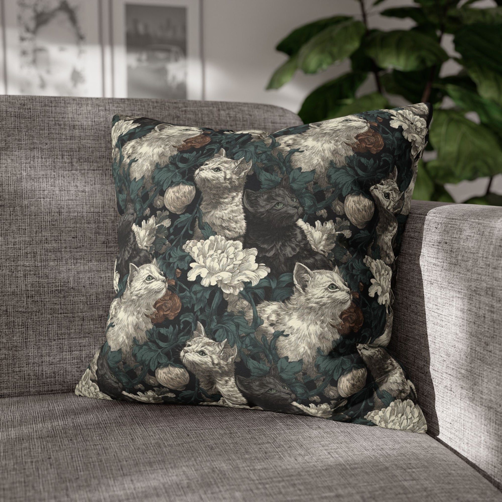Square Pillowcase - Grey and White Kittens with Creamy White Flowers and Dark Green Foliage, Elegant Vintage Vibe