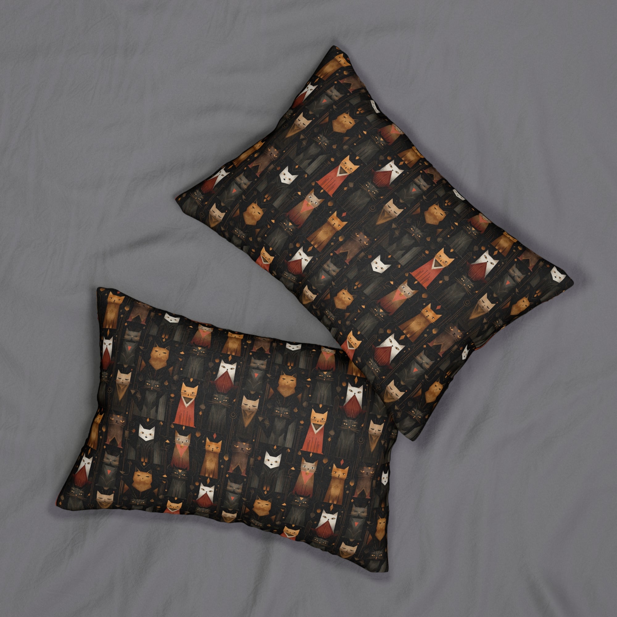 Indoor Lumbar Pillow - A striking and sophisticated Art Deco-style pattern of felines with bold, intricate lines and dramatic geometric shapes, all rendered in a unique gold and gray color palette.