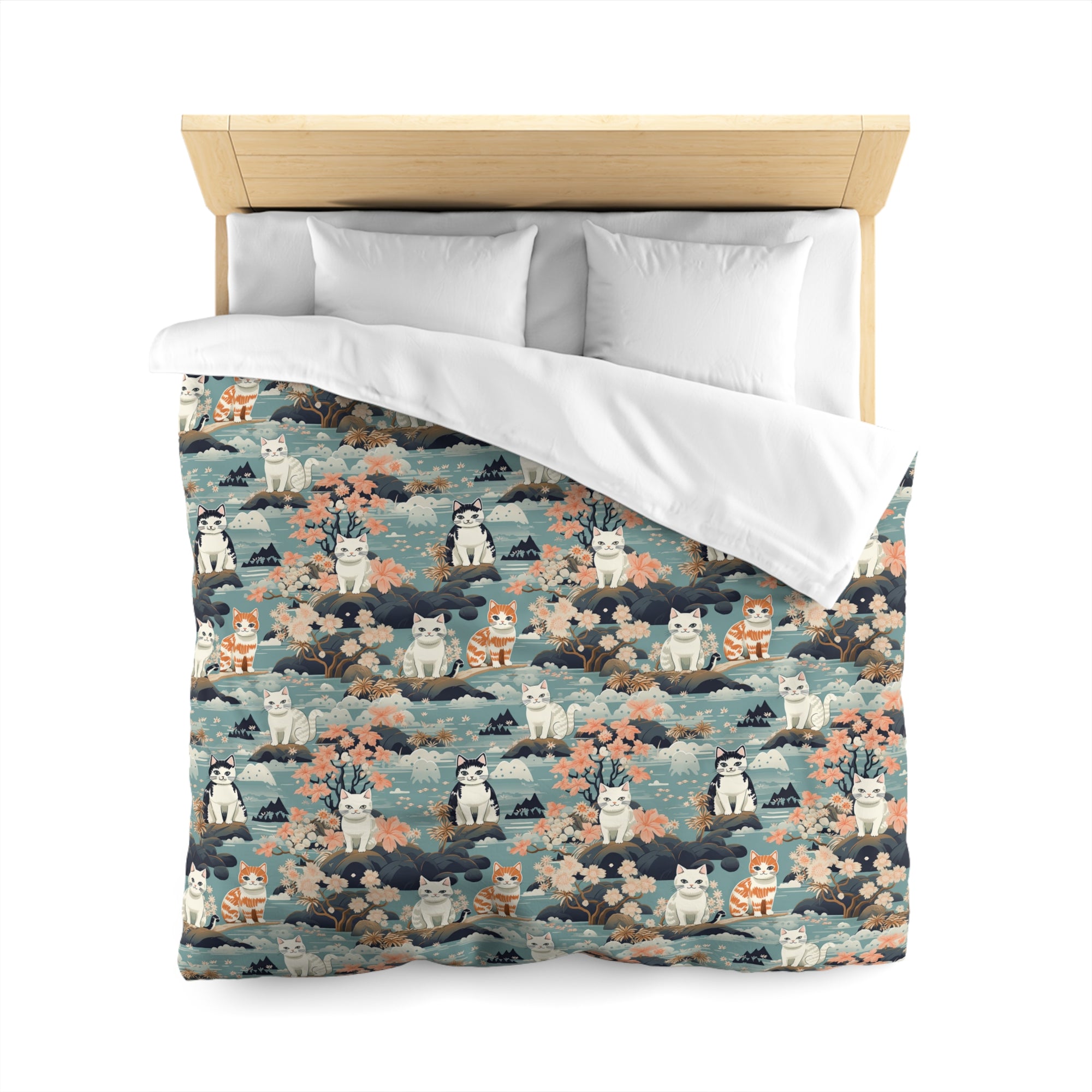 Duvet Cover - A serene watercolor painting of fluffy cats lounging on rocks, surrounded by cherry blossoms and blue water, in a tranquil, nature-filled, Japanese-inspired landscape.