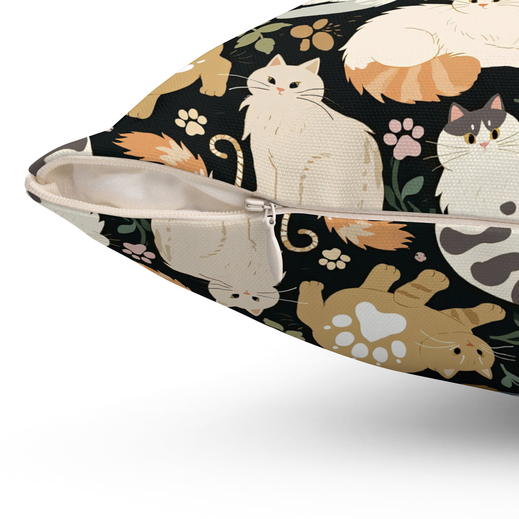 Indoor Square Pillow - Diverse cats and kittens in a dark garden, various breeds and colors, soft natural tones with foliage and paw prints, charming animal illustration, dark background, gentle pet themed art