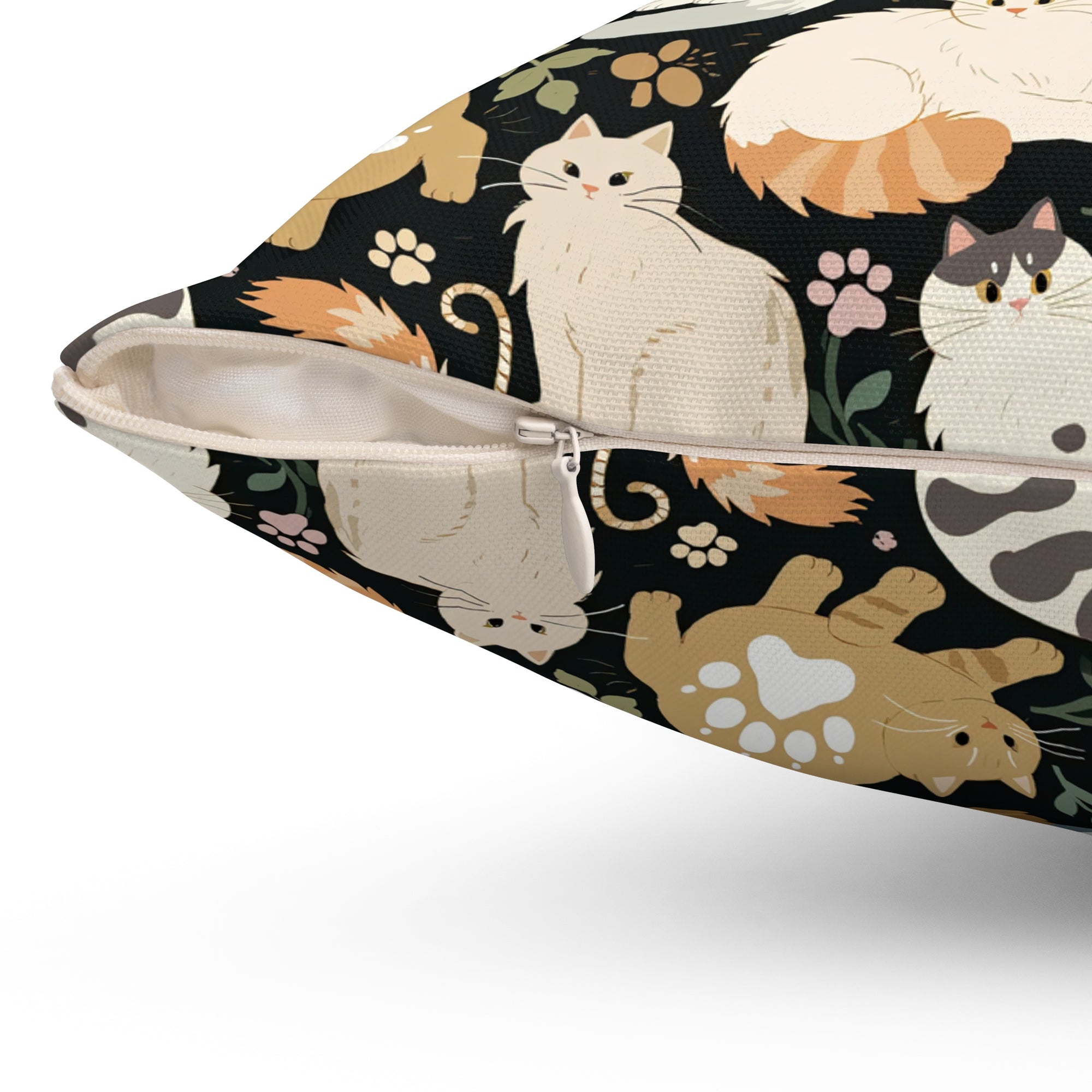 Indoor Square Pillow - Diverse cats and kittens in a dark garden, various breeds and colors, soft natural tones with foliage and paw prints, charming animal illustration, dark background, gentle pet themed art