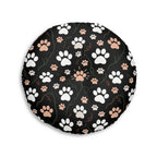 Indoor Round Floor Pillow - Elegant felines and sparkling gold yarn on black, adorable cats with golden paw prints, sophisticated pet motif, charming animal pattern, cozy and warm artistic illustration