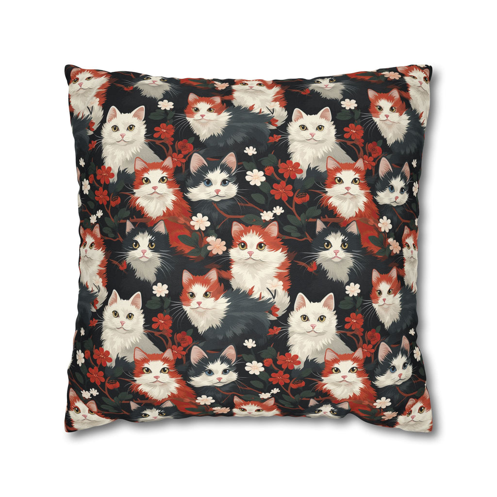 Square Pillowcase - A detailed and ornate Victorian-style pattern featuring a tight grouping of fluffy cats of various colors surrounded by black and red flowers and leaves.