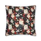 Square Pillowcase - A detailed and ornate Victorian-style pattern featuring a tight grouping of fluffy cats of various colors surrounded by black and red flowers and leaves.