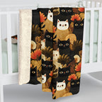 Sherpa Blanket - A dark and fantastical illustrative painting of many different cats and plants, creating a dense, mysterious, and golden jungle or forest scene.