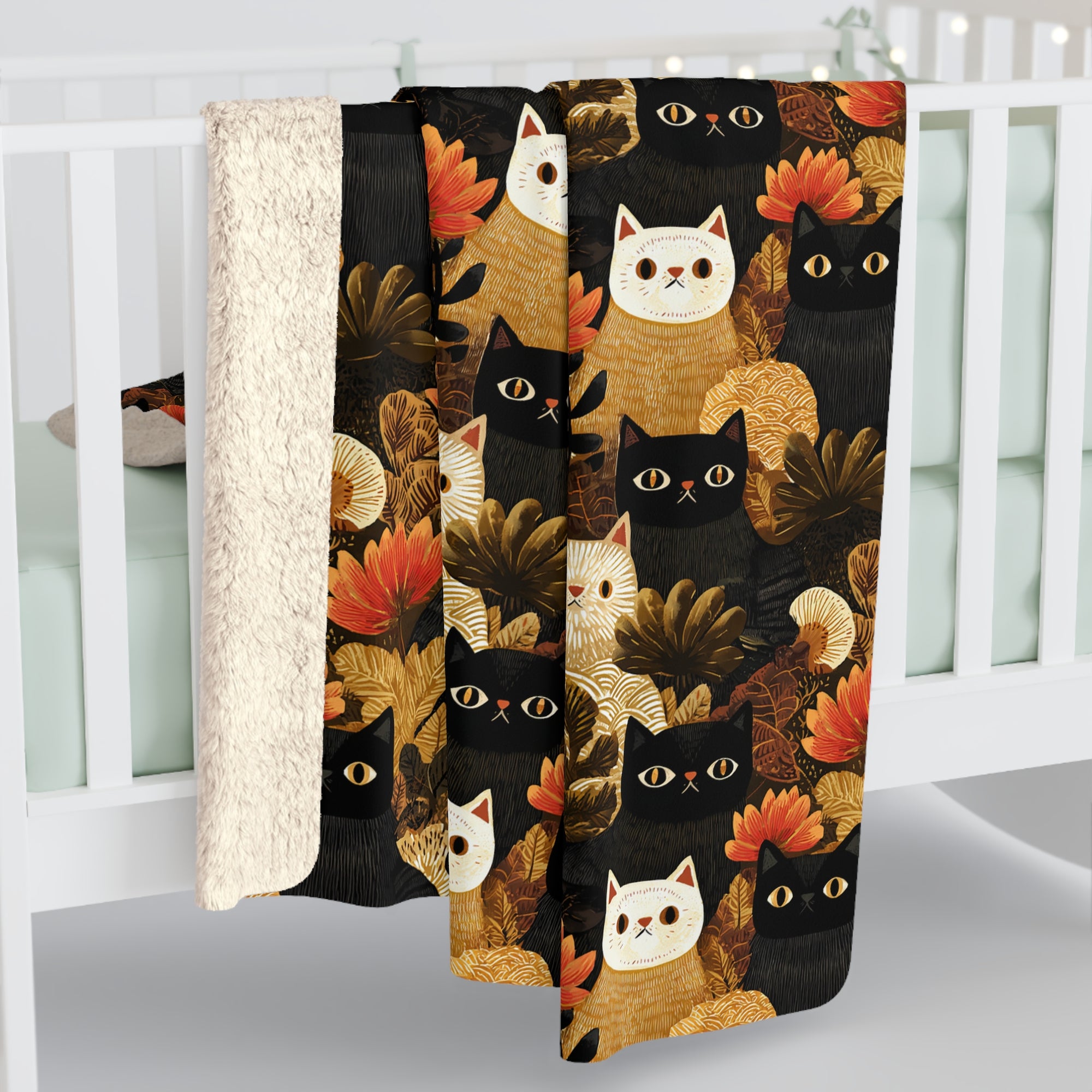 Sherpa Blanket - A dark and fantastical illustrative painting of many different cats and plants, creating a dense, mysterious, and golden jungle or forest scene.