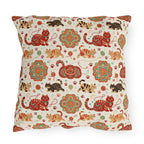 Outdoor Pillow - Vibrant boho chic cats and mandalas, colorful folk art style, playful felines with yarn and paw prints, artistic and bohemian cat design, cream background, unique animal print