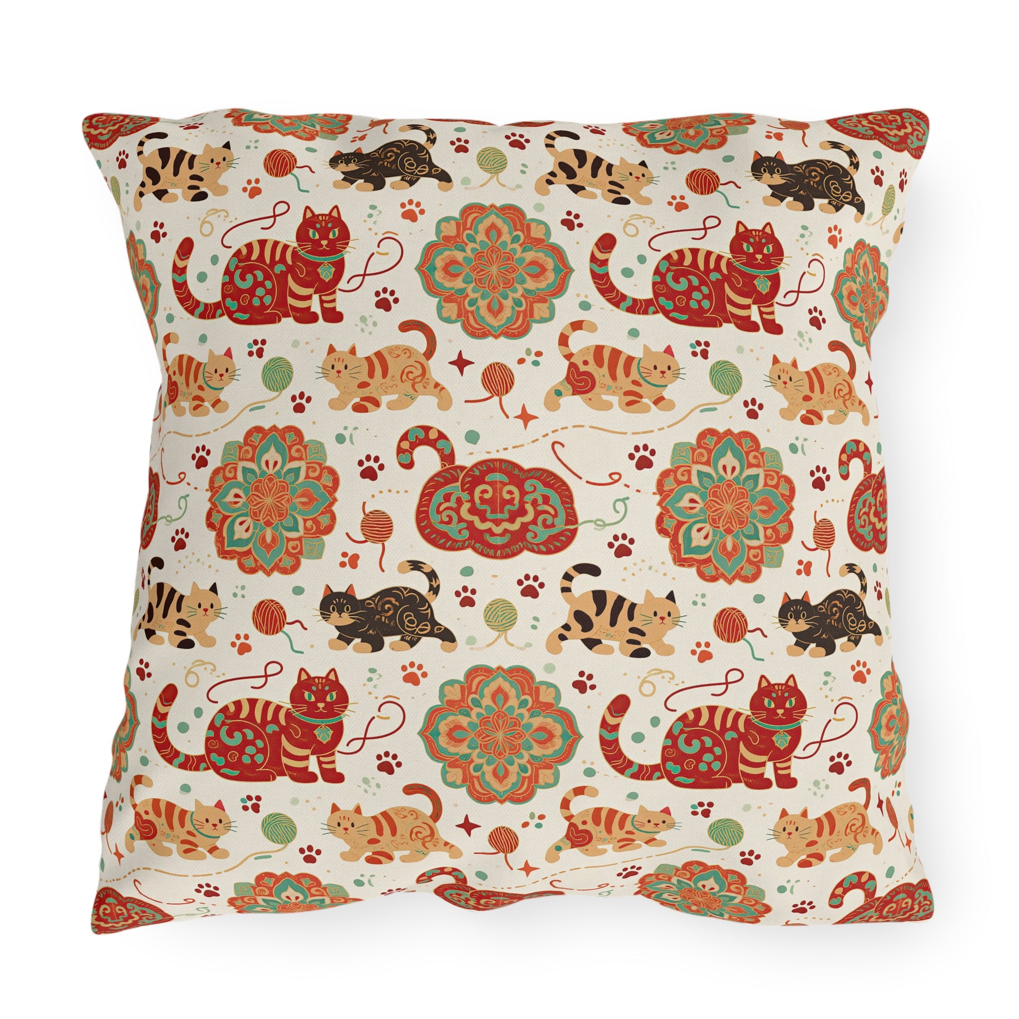 Outdoor Pillow - Vibrant boho chic cats and mandalas, colorful folk art style, playful felines with yarn and paw prints, artistic and bohemian cat design, cream background, unique animal print
