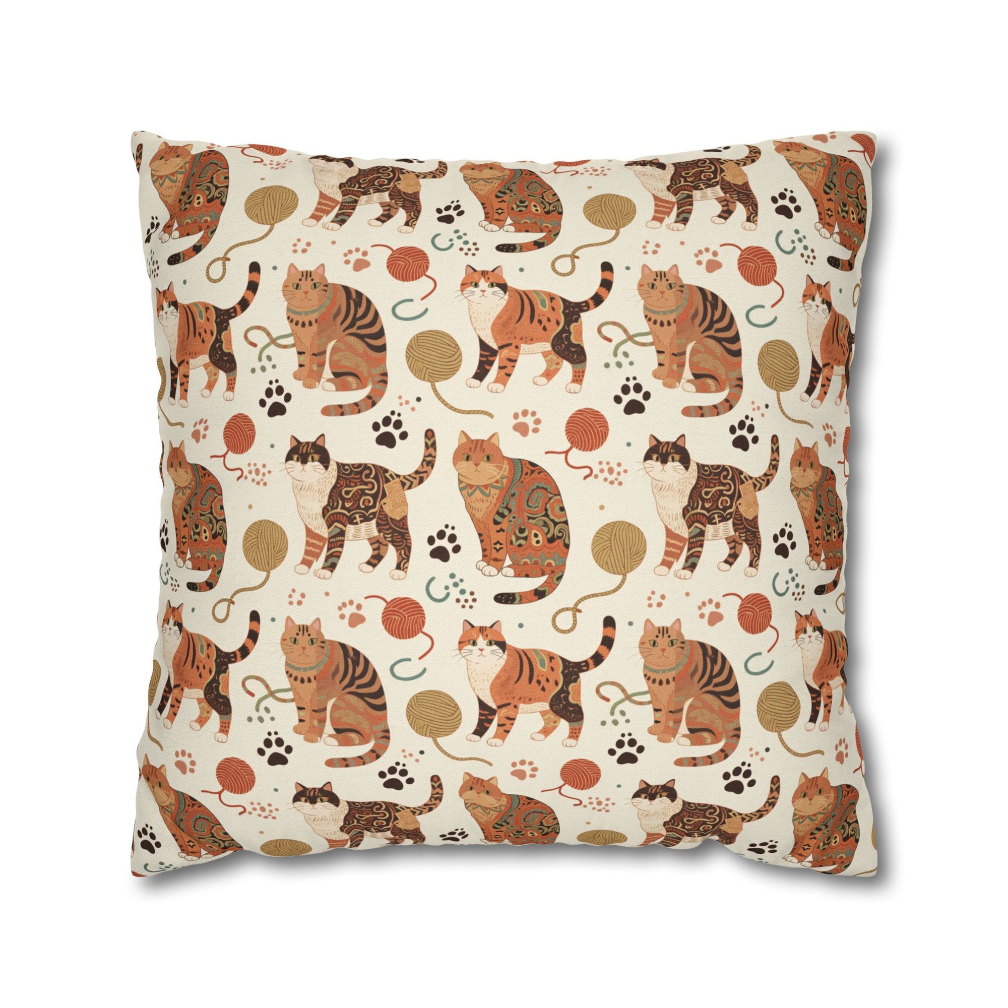 Square Pillowcase - Artistic patterned cats in warm earth tones, unique tribal and folk art designs, playful felines with yarn and paw prints, bohemian animal print, cream background, creative cat art