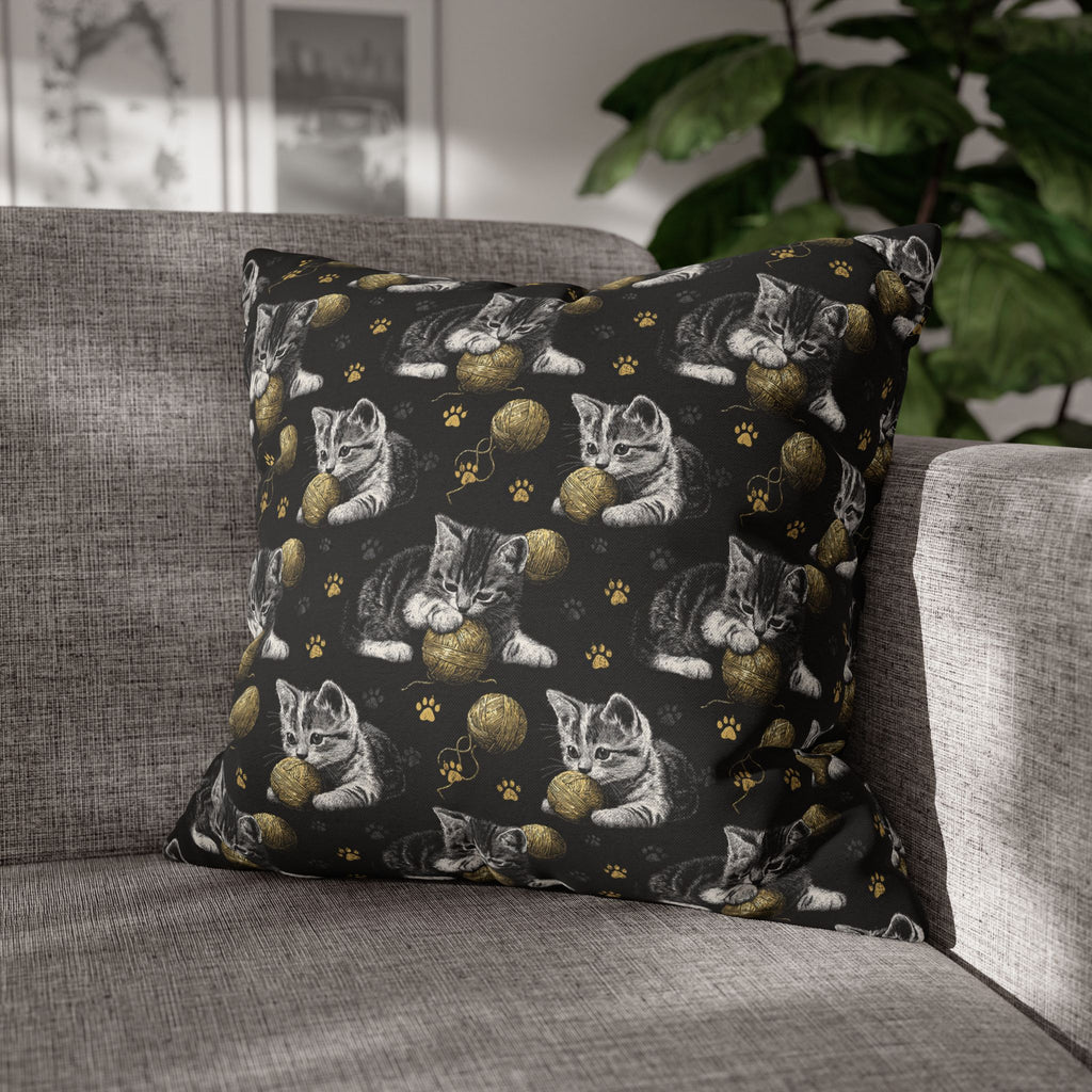 Square Pillowcase - Grey and White Kittens Playing with Golden Yarn on a Black Background with Paw Prints