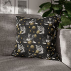 Square Pillowcase - Grey and White Kittens Playing with Golden Yarn on a Black Background with Paw Prints