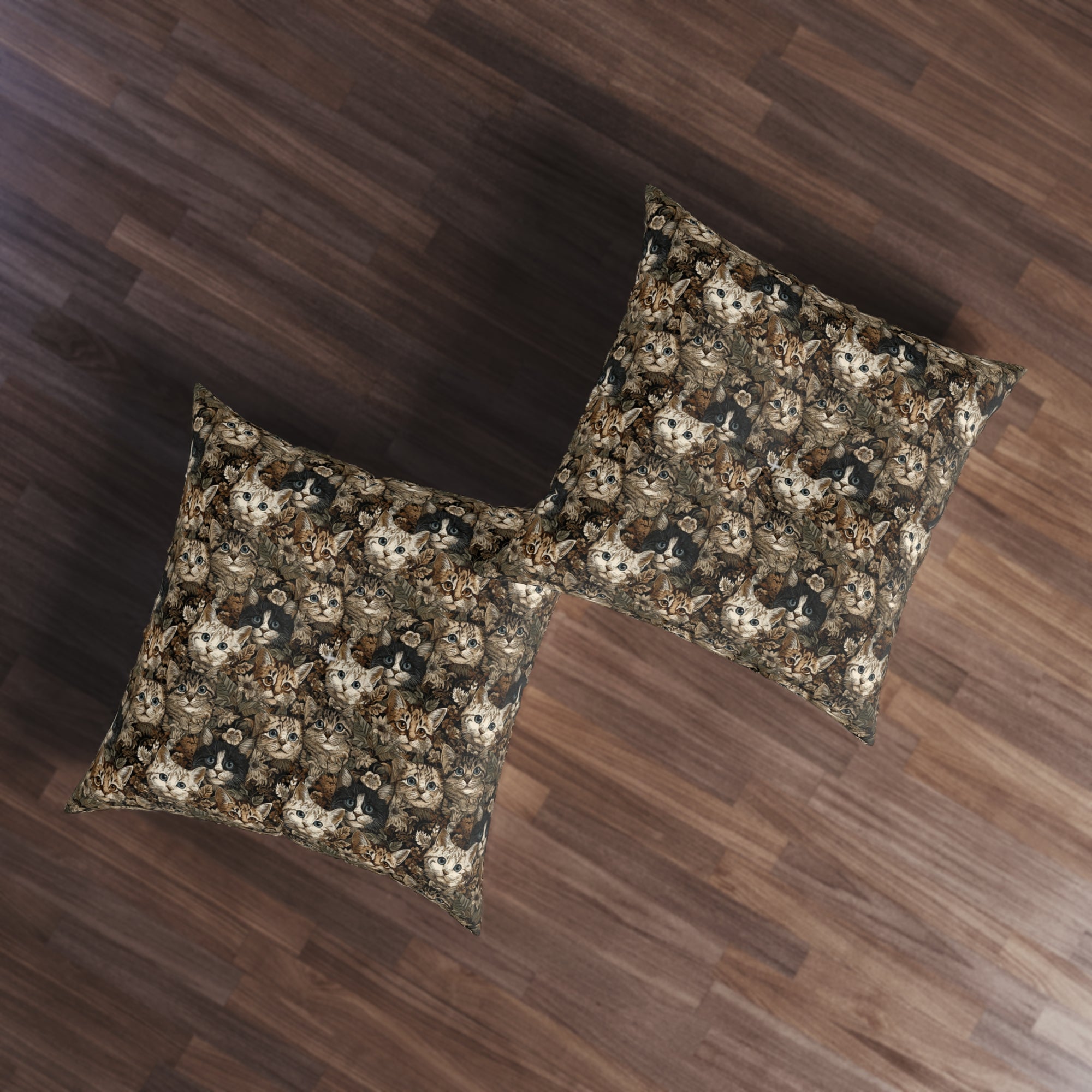 Indoor Square Floor Pillow - An intricate and detailed vintage illustration featuring a close-up of various fluffy cats with bright eyes amidst lush, ornate floral foliage in sepia tones.