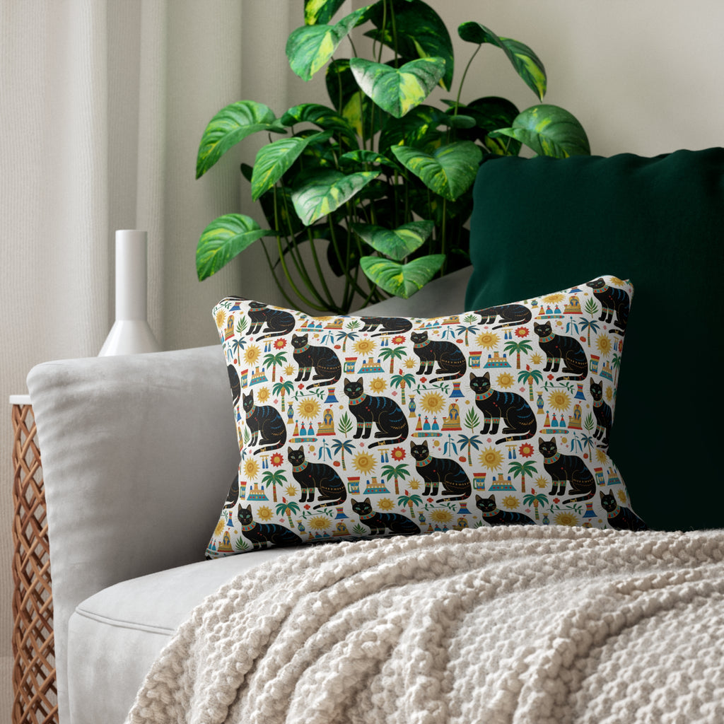 Indoor Lumbar Pillow - Majestic Black Egyptian Cats with Vibrant Adornments and Desert Motifs Create a Striking and Culturally Rich Design