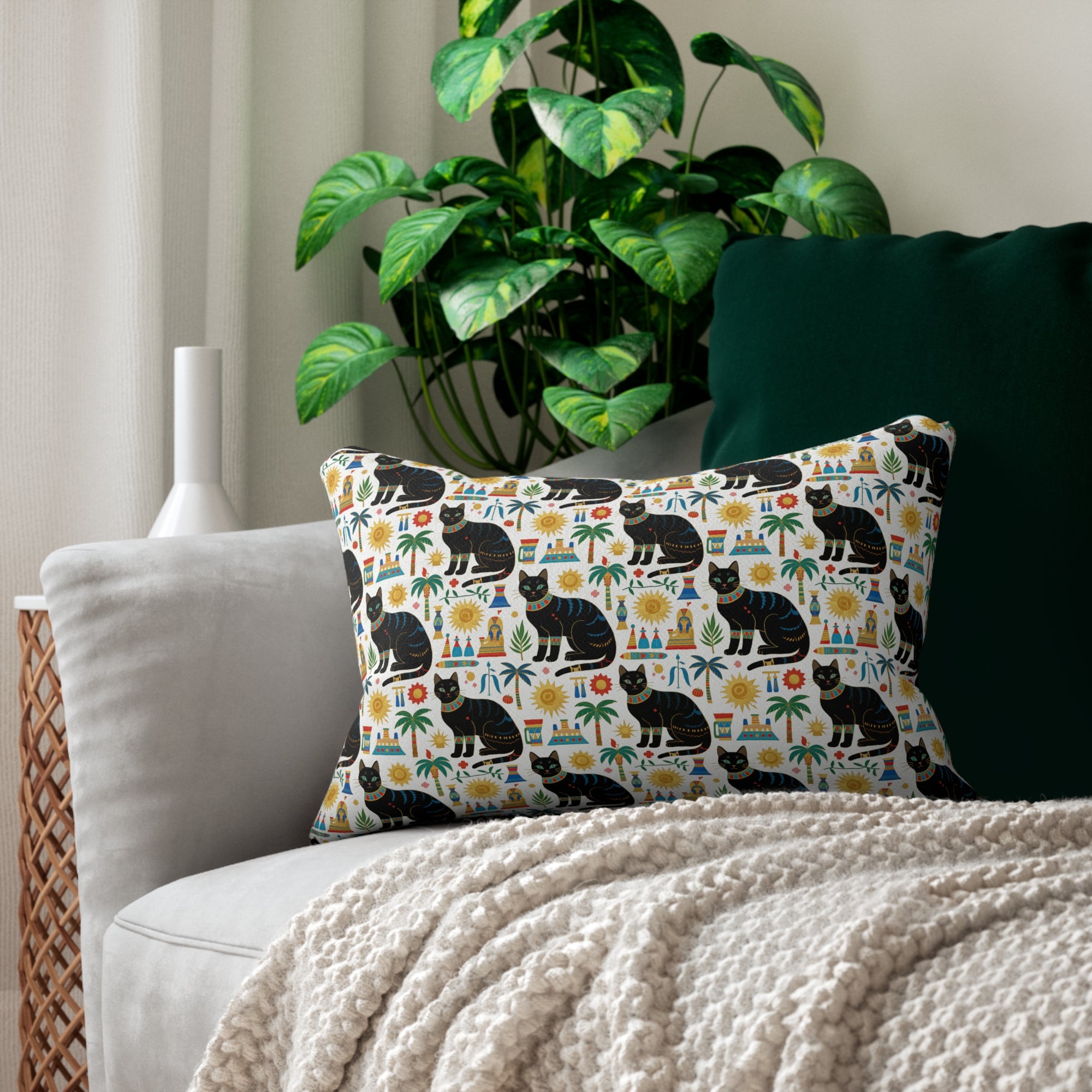 Indoor Lumbar Pillow - Majestic Black Egyptian Cats with Vibrant Adornments and Desert Motifs Create a Striking and Culturally Rich Design