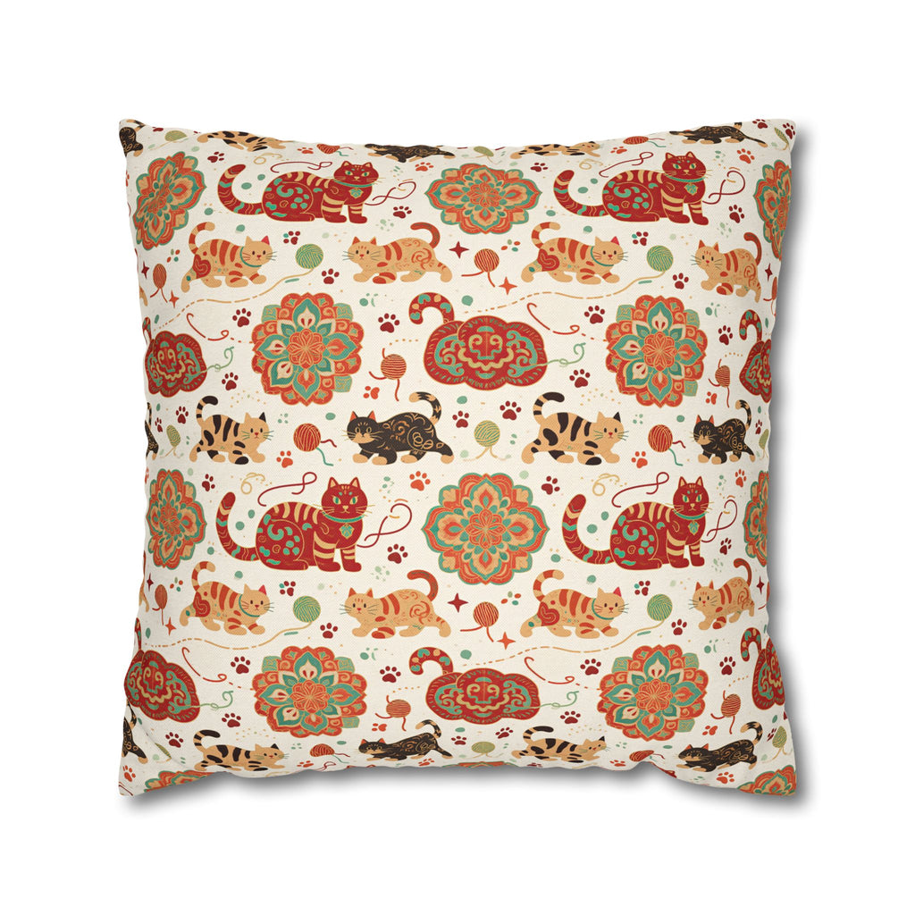 Square Pillowcase - Vibrant boho chic cats and mandalas, colorful folk art style, playful felines with yarn and paw prints, artistic and bohemian cat design, cream background, unique animal print