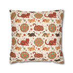 Square Pillowcase - Vibrant boho chic cats and mandalas, colorful folk art style, playful felines with yarn and paw prints, artistic and bohemian cat design, cream background, unique animal print