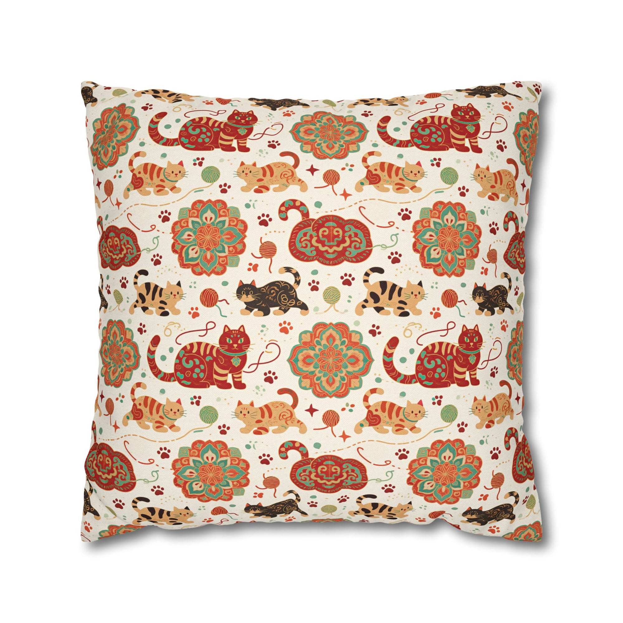 Square Pillowcase - Vibrant boho chic cats and mandalas, colorful folk art style, playful felines with yarn and paw prints, artistic and bohemian cat design, cream background, unique animal print