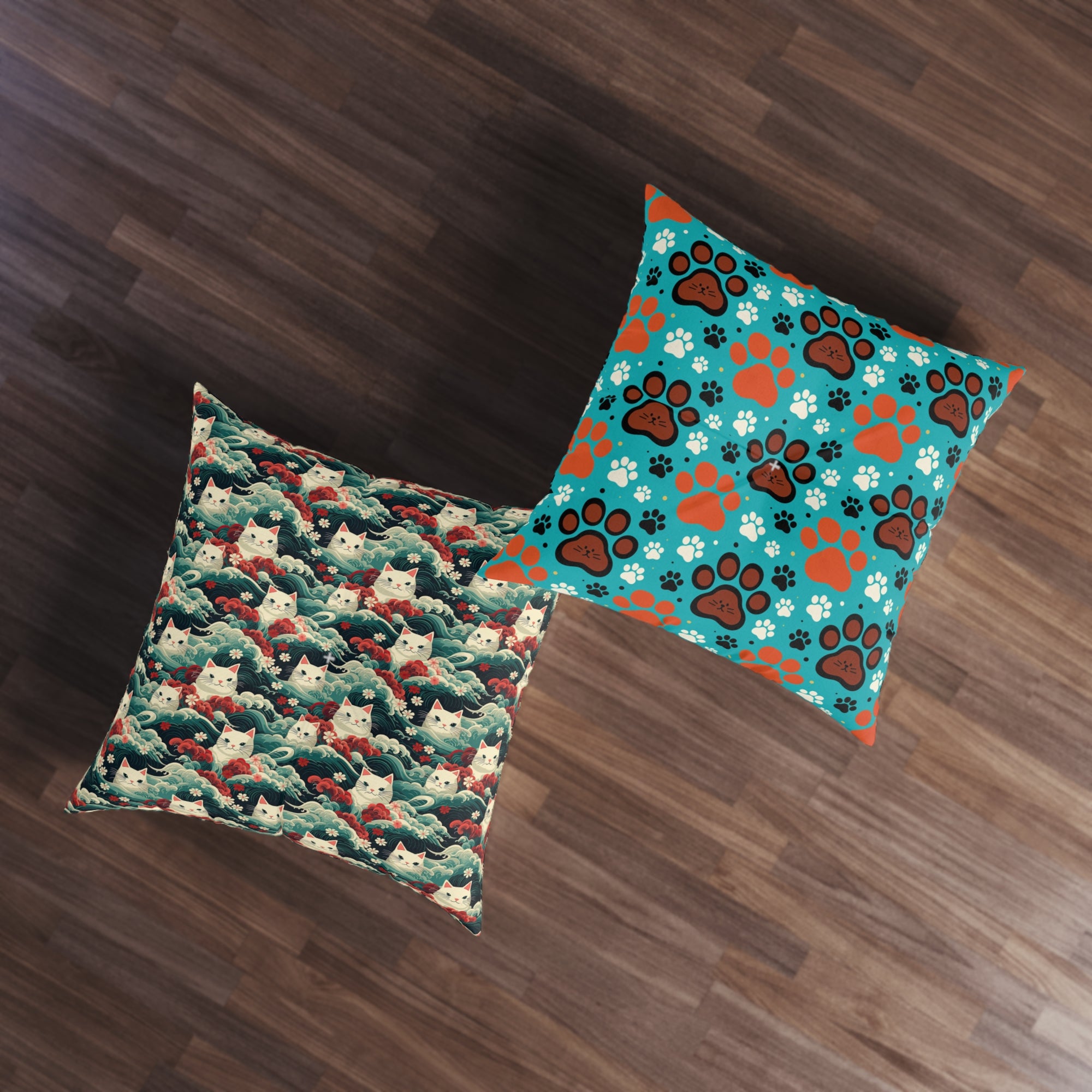 Indoor Square Floor Pillow - A dramatic and powerful Japanese woodblock print-style illustration of cats amidst powerful waves, red flowers, and white cherry blossoms.