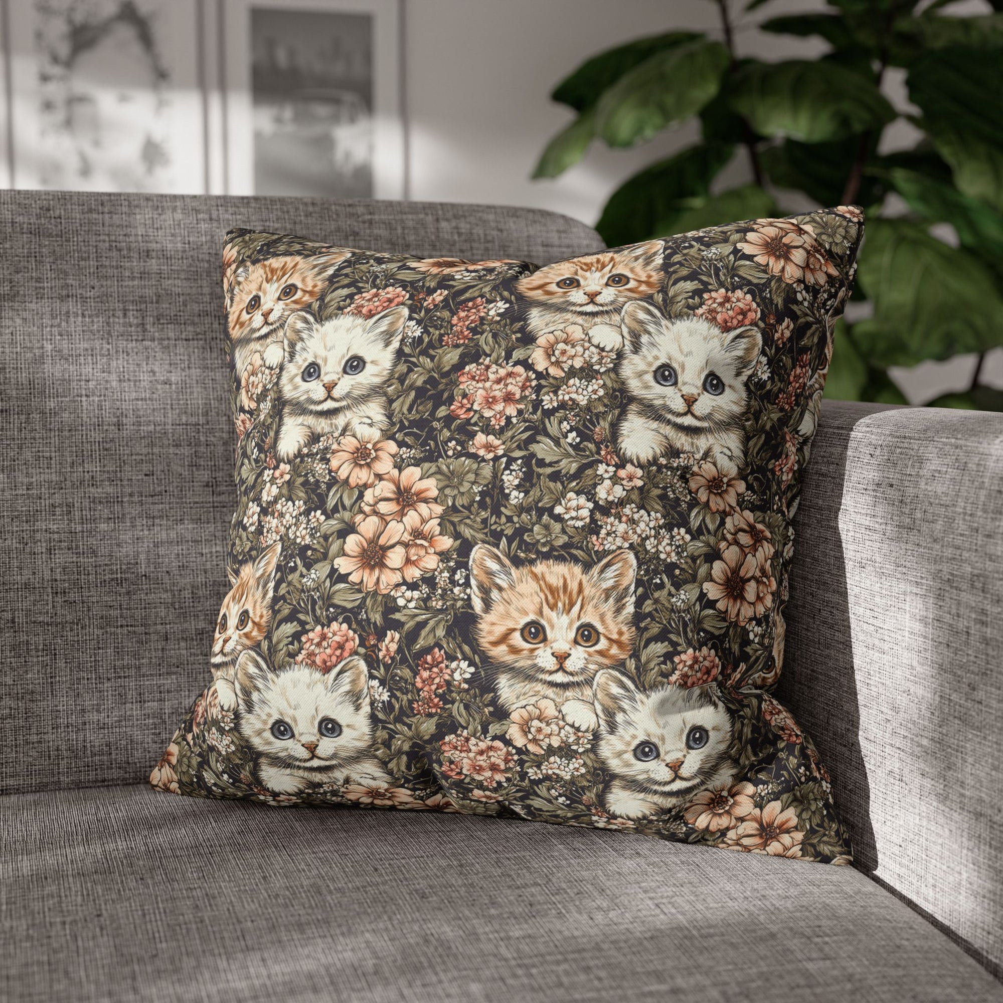 Square Pillowcase - Peach and White Kittens in Dark Floral Garden, Vintage Style, Sweet and Charming Scene