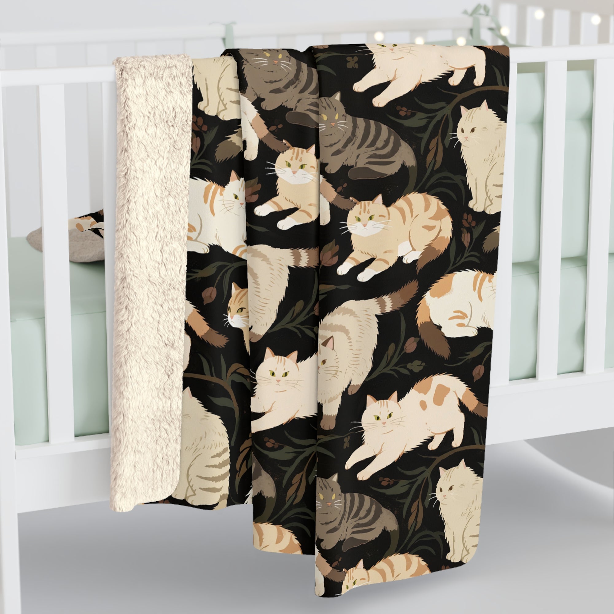 Sherpa Blanket - Earthy Toned Cats Lounge and Play Amidst Dark Foliage in a Serene and Naturally Inspired Seamless Pattern Design