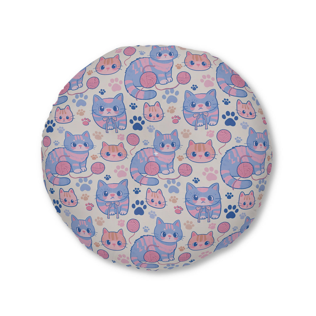 Indoor Round Floor Pillow - Sweet pastel blue and pink cartoon cats, cute kawaii style kittens with yarn and paw prints, charming and playful animal design, light cream background, delightful pet pattern