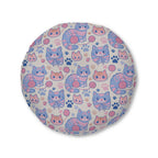 Indoor Round Floor Pillow - Sweet pastel blue and pink cartoon cats, cute kawaii style kittens with yarn and paw prints, charming and playful animal design, light cream background, delightful pet pattern