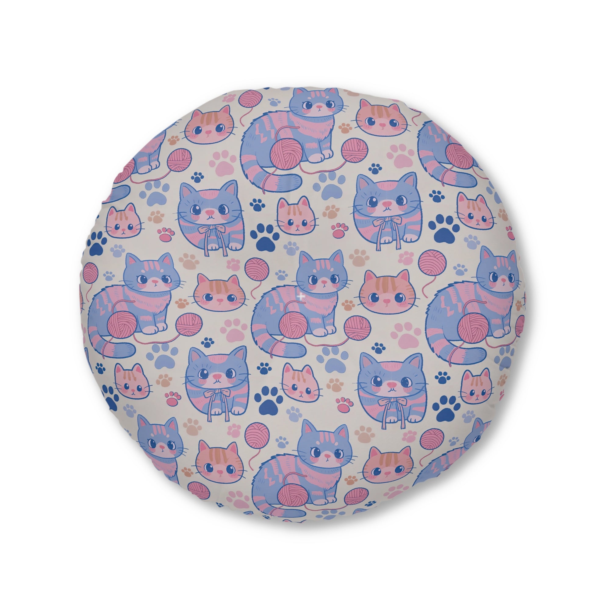 Indoor Round Floor Pillow - Sweet pastel blue and pink cartoon cats, cute kawaii style kittens with yarn and paw prints, charming and playful animal design, light cream background, delightful pet pattern