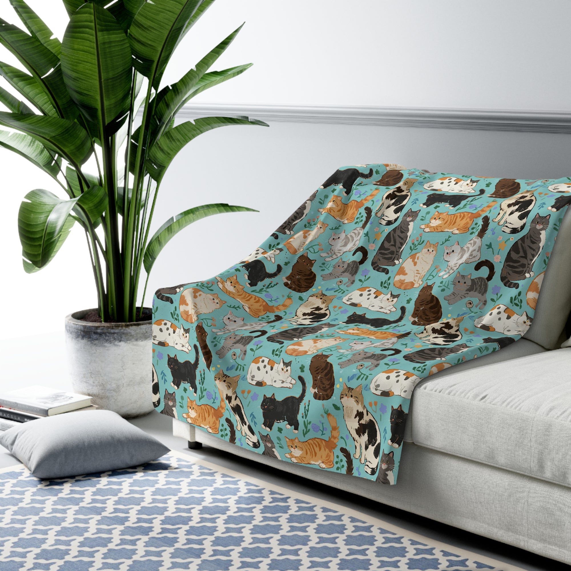 Sherpa Blanket - A Delightful Assortment of Charming Cats in Diverse Poses and Breeds Scattered Across a Soft Blue Floral Background