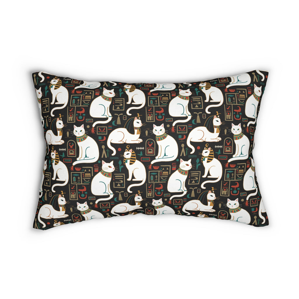 Indoor Lumbar Pillow - Regal White Egyptian Cats with Ornate Collars and Ancient Symbols Adorn this Historically Inspired and Mystical Pattern