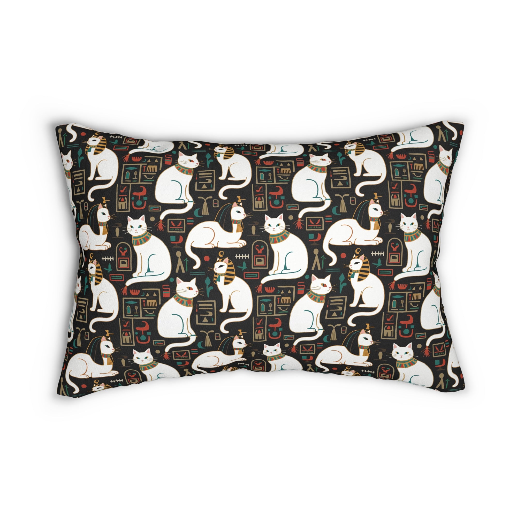 Indoor Lumbar Pillow - Regal White Egyptian Cats with Ornate Collars and Ancient Symbols Adorn this Historically Inspired and Mystical Pattern