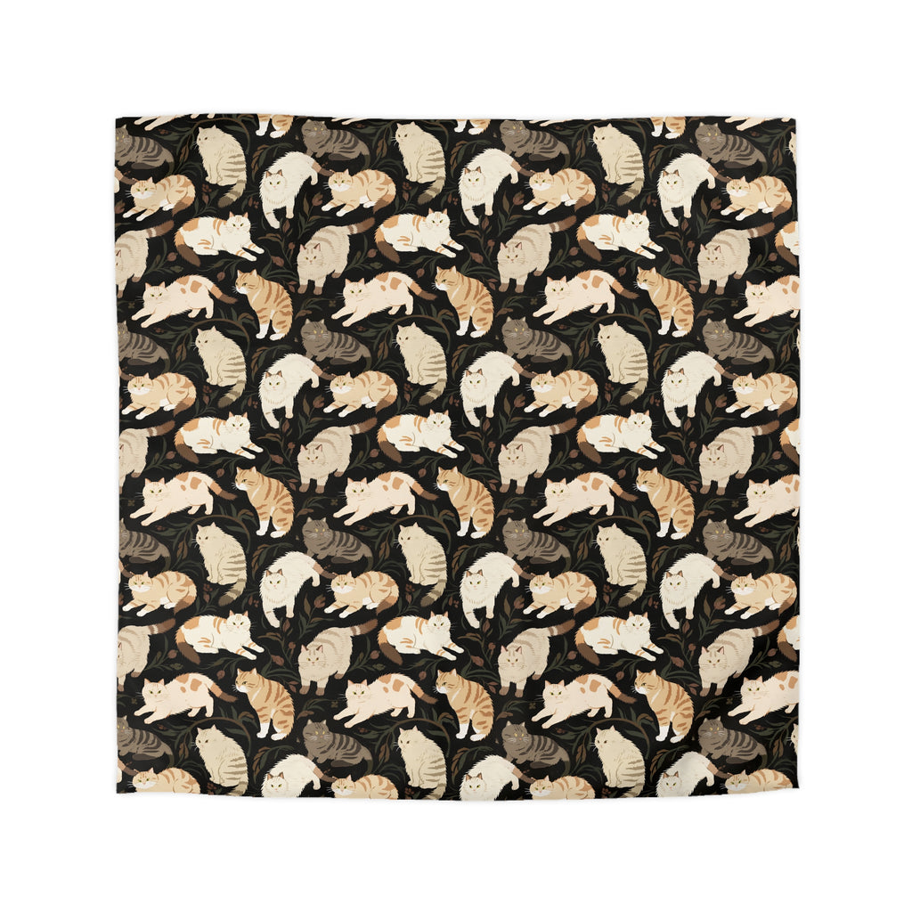 Duvet Cover - Earthy Toned Cats Lounge and Play Amidst Dark Foliage in a Serene and Naturally Inspired Seamless Pattern Design