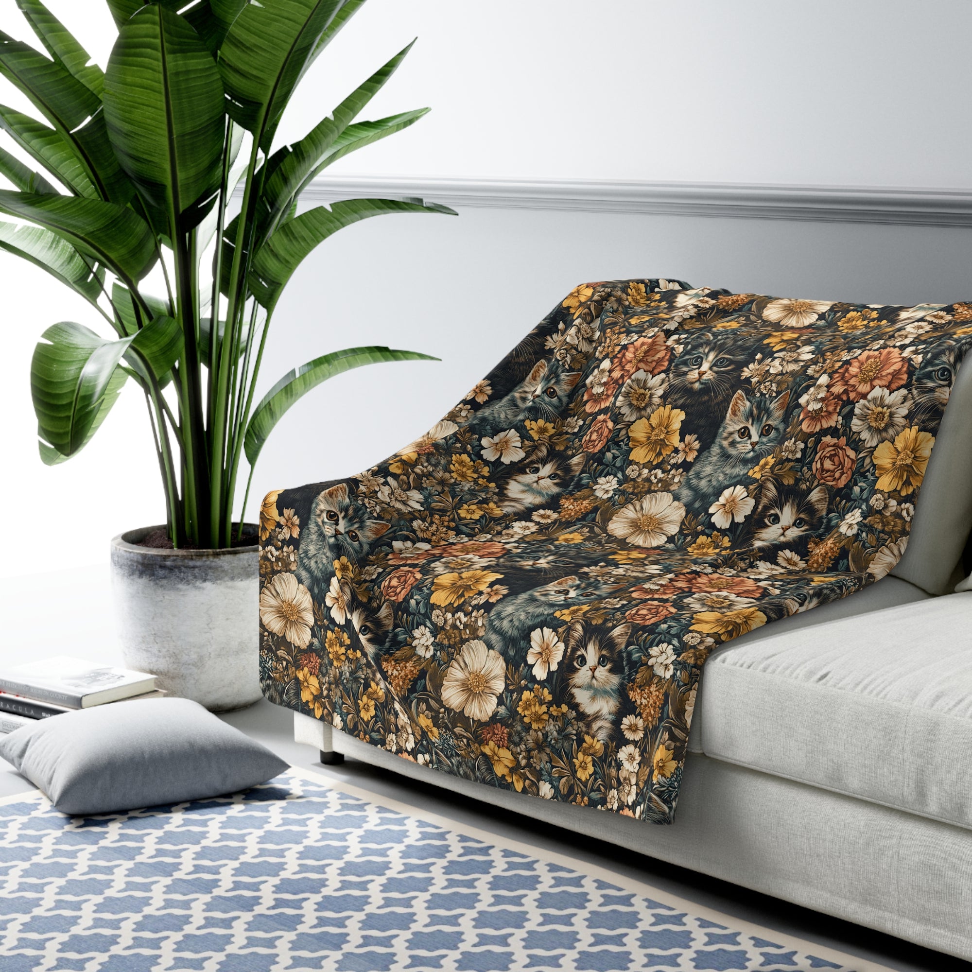 Sherpa Blanket - Grey Tabby Kittens Among Yellow and Peach Flowers, Moody Vintage Botanical Illustration