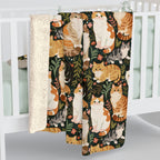 Sherpa Blanket - Whimsical cat and kitten garden party, various cat breeds amidst green foliage and pink flowers, charming animal illustration, dark forest green background, playful and natural art